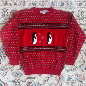 Vintage Kate Collins Holiday Sweater Embroidered Penguins - size Small